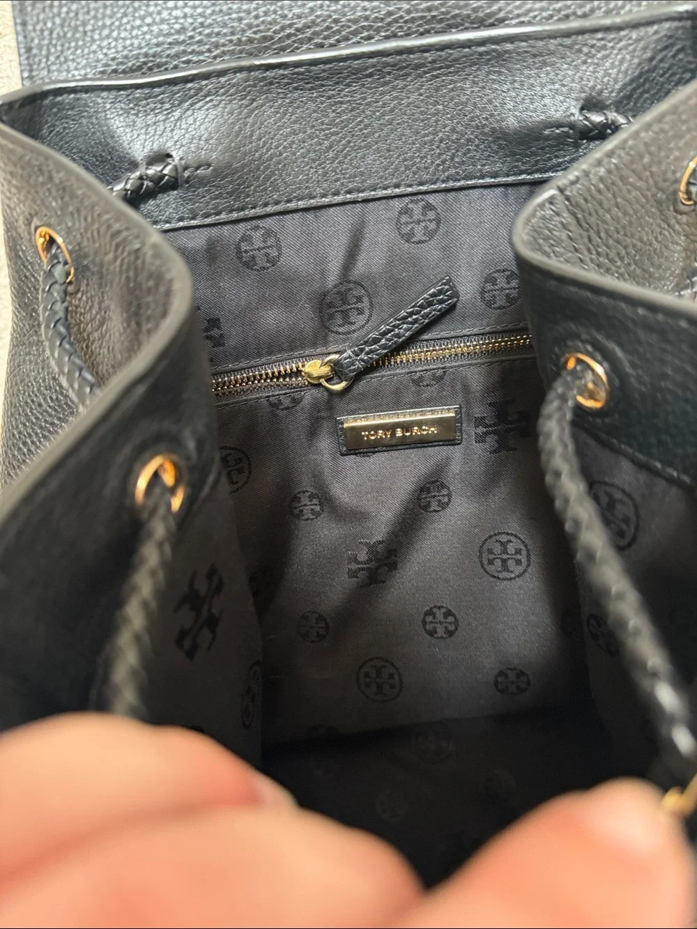 Tory Burch Black Pebbled Leather Tassel Flap Backpack